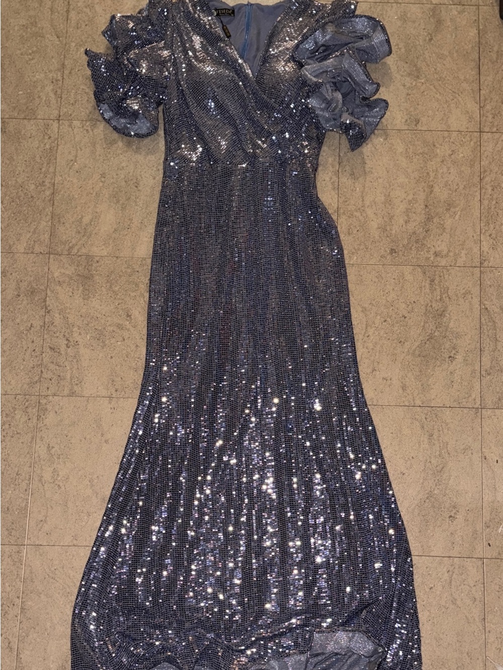 Blue Grey Sequin Maxi Dress with Ruffle Sleeves